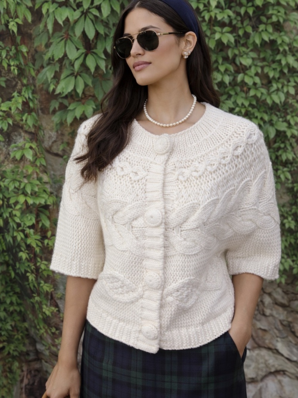 PERSONAL IDENTITY Cable Knit Ivory Short Sleeve Sweater, L